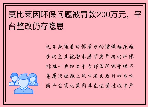 莫比莱因环保问题被罚款200万元，平台整改仍存隐患